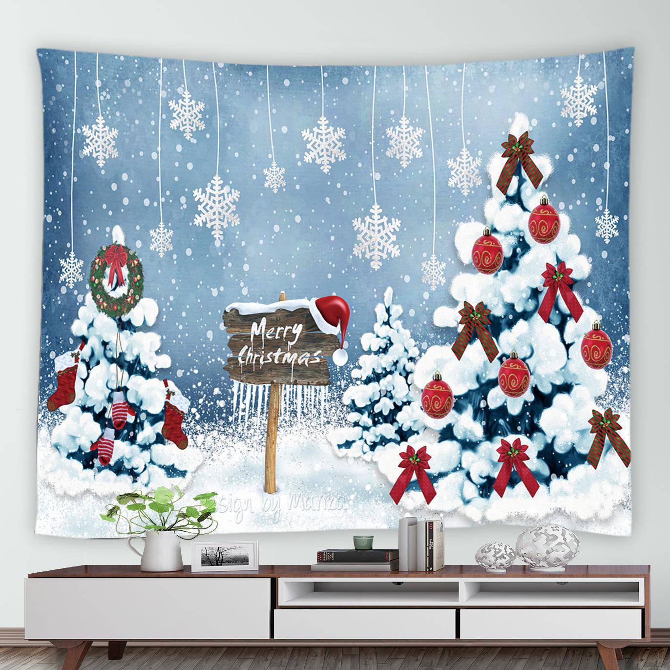 

Домашний зимний лесной пейзаж Рождественский гобелен Кедр Санта-Лось Новогодний настенный синий гобелен 100x75cm