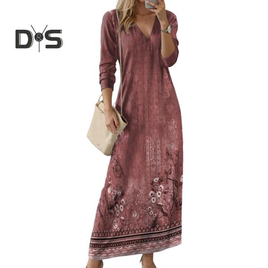 Frühling Herbst Damen Kleid V-Ausschnitt Lange Ärmel A-Linie Digital Blumendruck Dating Maxikleid Alltagskleidung Lockeres Kleid