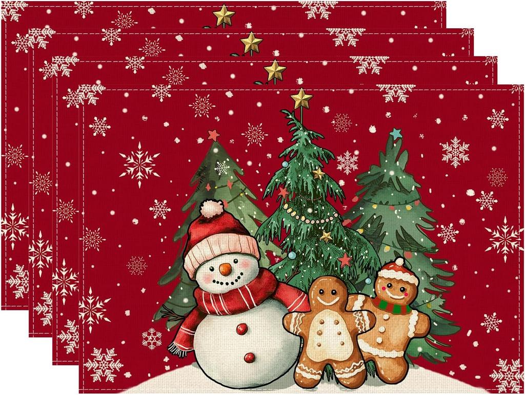 Winter Red Snowman Gingerbread Man Christmas Tree Xmas Placemats Set of 4 Table Mats for Party Home Kitchen Dining Table Decorations 12x18 Inch