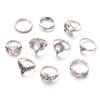 Retro Exaggerated Hollow Engraved Dabao Stone Lotus Shape 10-Piece Combination Ring