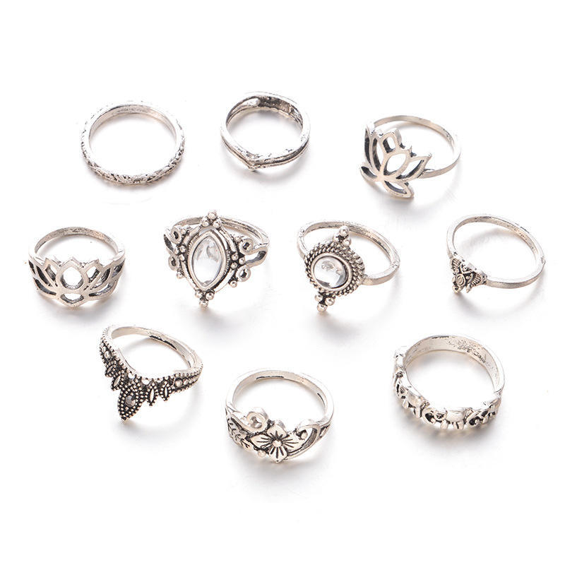 Retro Exaggerated Hollow Engraved Dabao Stone Lotus Shape 10-Piece Combination Ring