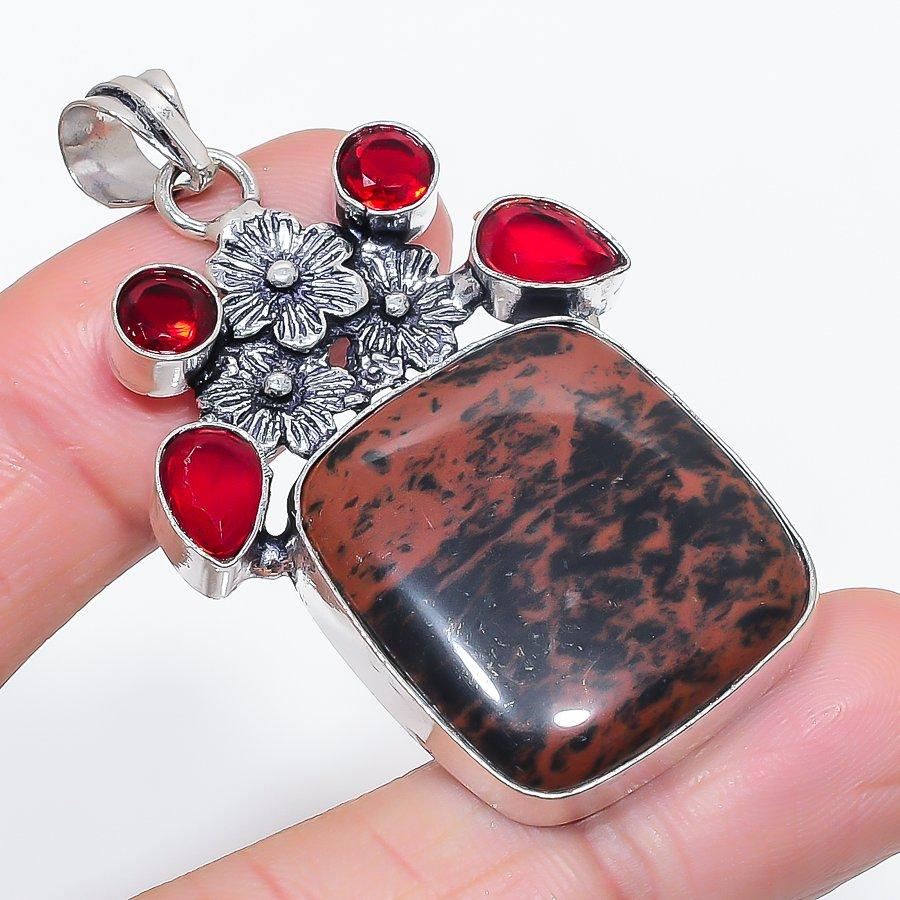 

Natural Mahogany Obsidian, Garnet 925 Sterling Silver Jewelry Pendant 2.17 S7y87