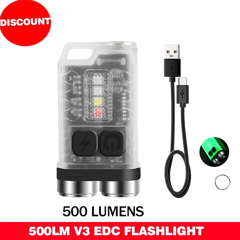 Super Bright V3 /V10 MINI LED Flashlight Fluorescence Keychain Light Portable Powerful Torch TYPE-C USB Emergency Work Light