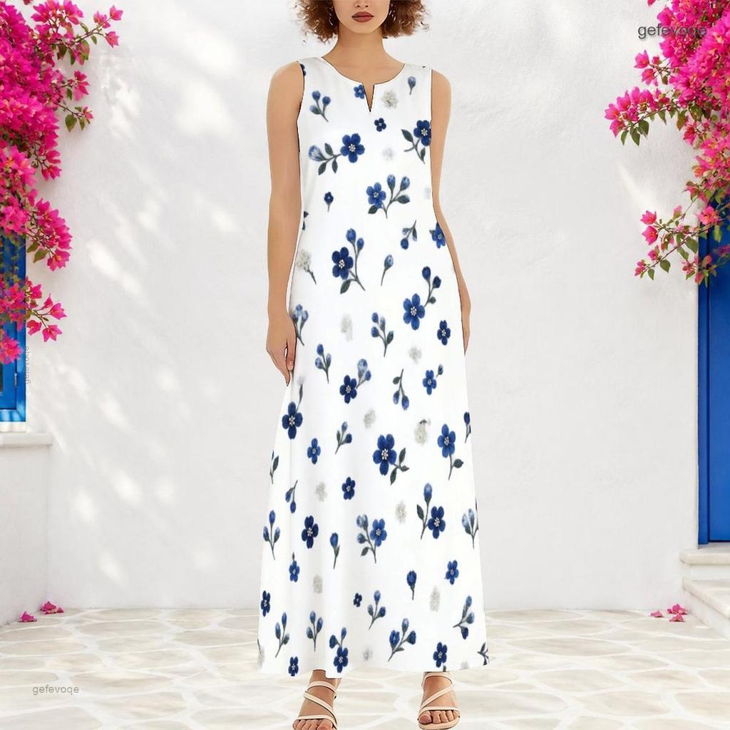 Women Plus Size Notch Neck Sleeveless White Blue Yellow Floral Printed A Line Long Maxi Dress