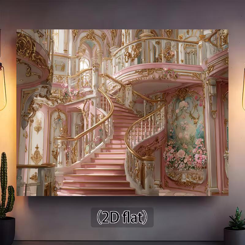 2D Pink & Gold Palace Staircase Backdrop Banner, Rococo Photography Background 47.2x31.5inch/120*80cm