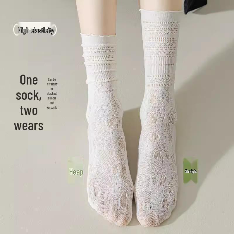 Women's White Scrunch Socks: Summer Thin Style with Lace Trim, Breathable Mesh, Frilly Edge, Mid-Calf Length.
