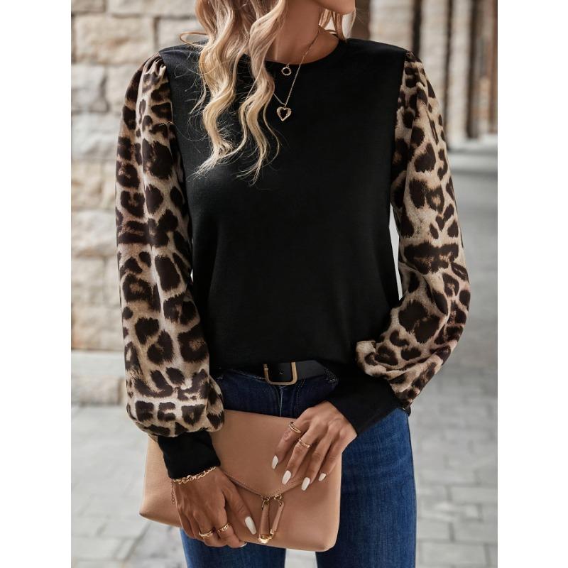 Women Long Sleeve Round Neck Leopard Print Casual T Shirt