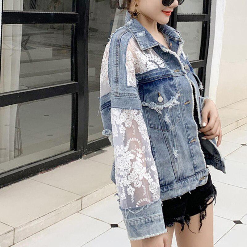Kot Ceketler Yaz Uzun Kollu Büyük Boy kadın Ceket Gevşek Dantel Patchwork Üst Bayan Denim Ceket