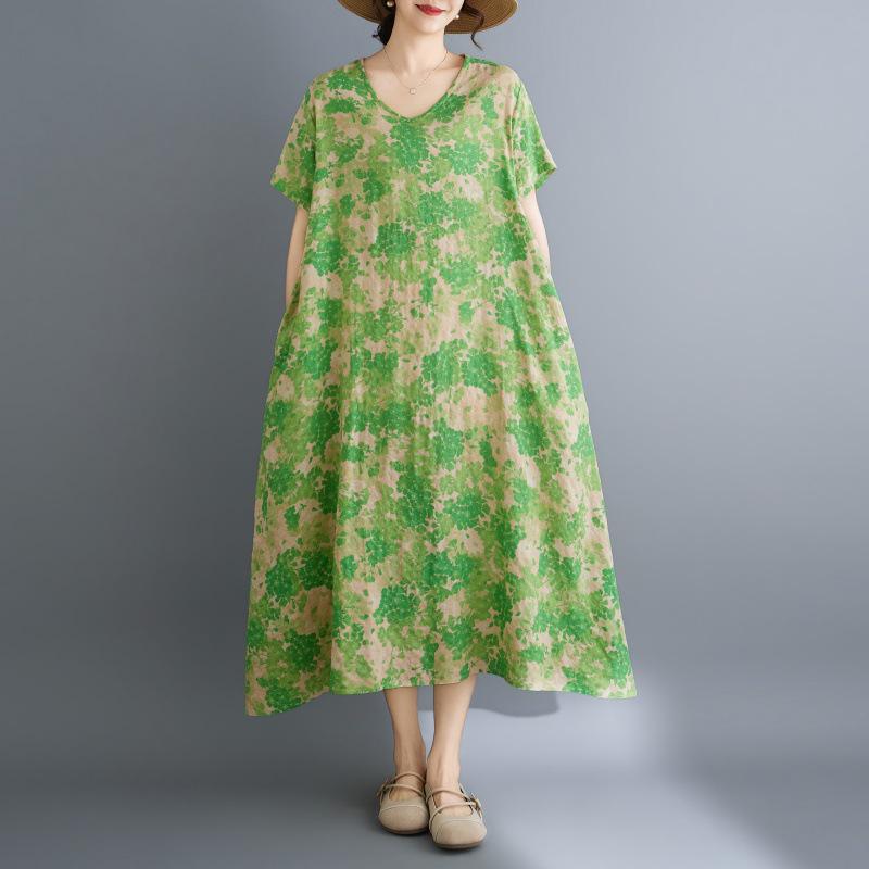 2026 Summer Floral V-Neck Retro Irregular Long Dress in Cotton Linen Plus Size