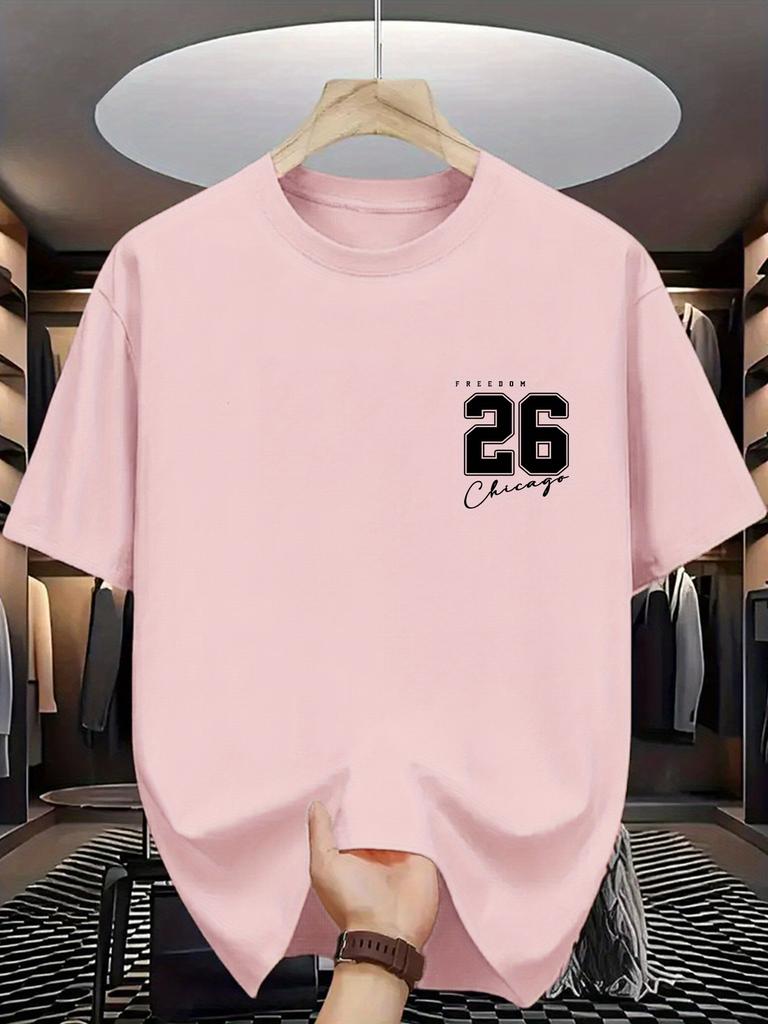 Unisex Cotton Tee Chest 26 Chicago Letter Number Graphic Print Loose Breathable Summer Crew Neck Casual T Shirt Unisex Daily Wear