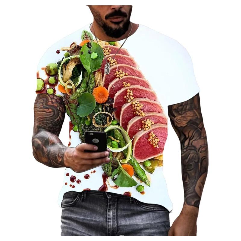 Summer Round Neck 3D Food Pattern Print Top Fashionable Casual Hip Hop Short Sleeved Men's T-shirts