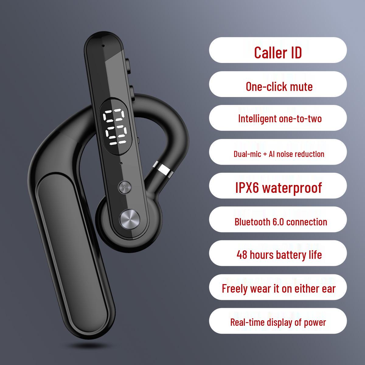 

6.0 True Wireless Bluetooth Ear Hook Earphones - Noise Cancelling, Ultra-Long Standby, Single Ear F10 чорний