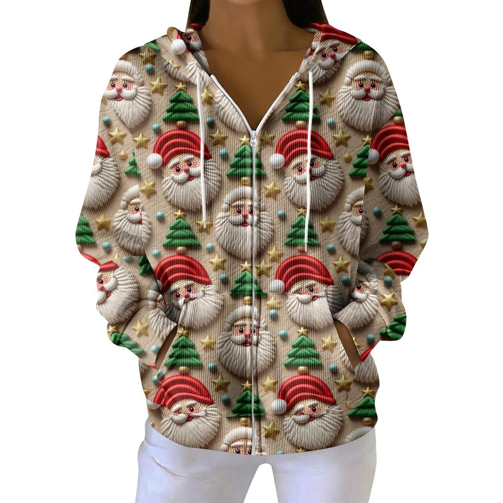 Women's Casual Fashion Long-Sleeved Zip-Up Christmas Print Knitted Hoodie