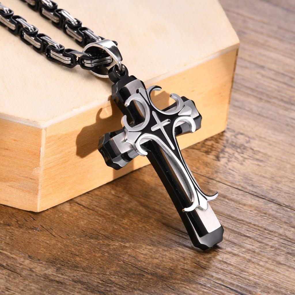 Rock Cross Necklace for Men,Gold Color Stainless Steel Stylish Byzantine Chain,Catholic Crucifix Pendant Collar Jewelry