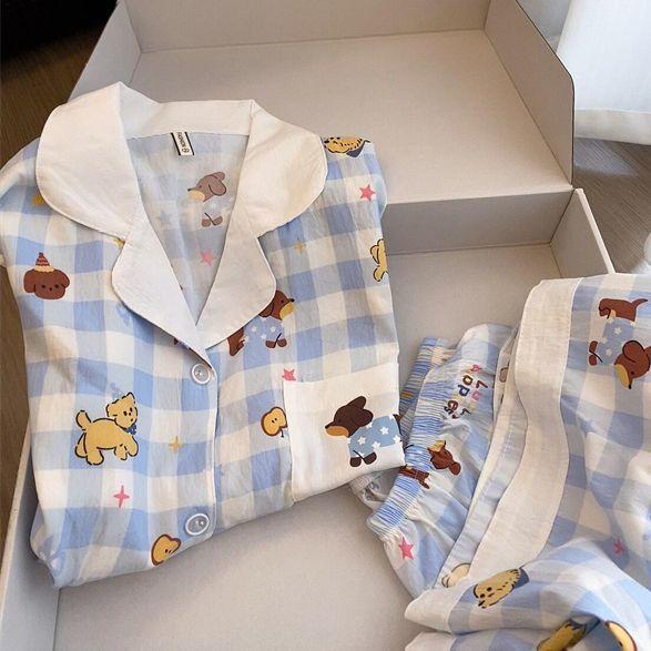 

Blue plaid sausage puppy pajamas women s short-sleeved shorts can be worn outside two-piece women s casual lazy style loungewear S