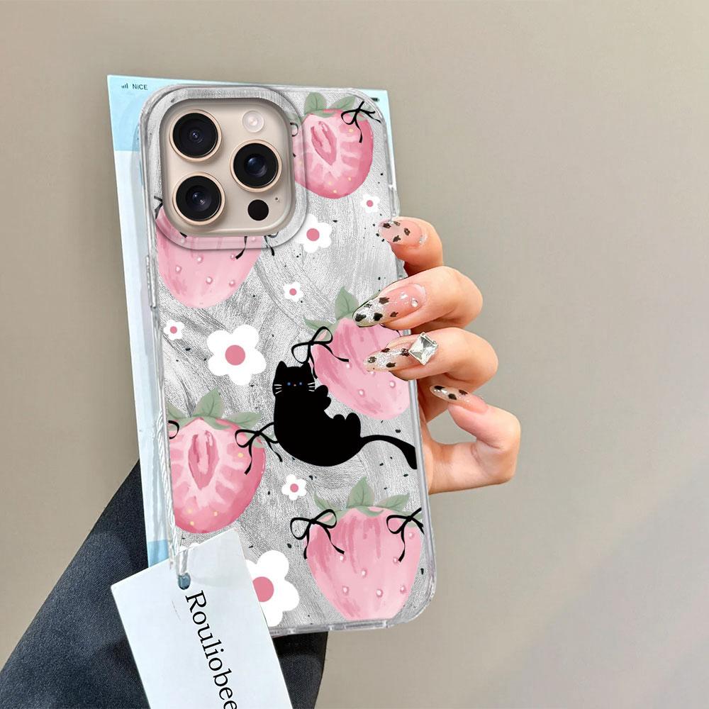 Pink Fruit Cherry Butterfly Feather Texture Phone Case for iphone 16 15 14 7 8 Plus 13 Pro Max X XS XR SE 2022 Silicone Cover