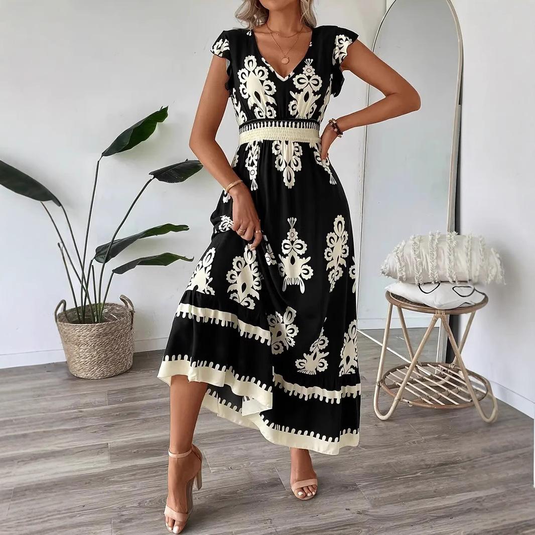 

Женское бохо летнее цельное платье с коротким рукавом и V-образным вырезом с принтом и большим подолом XXL