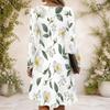 Women Criss Cross V Neck Long Sleeve Floral Printed Dress White Green Curved Hem