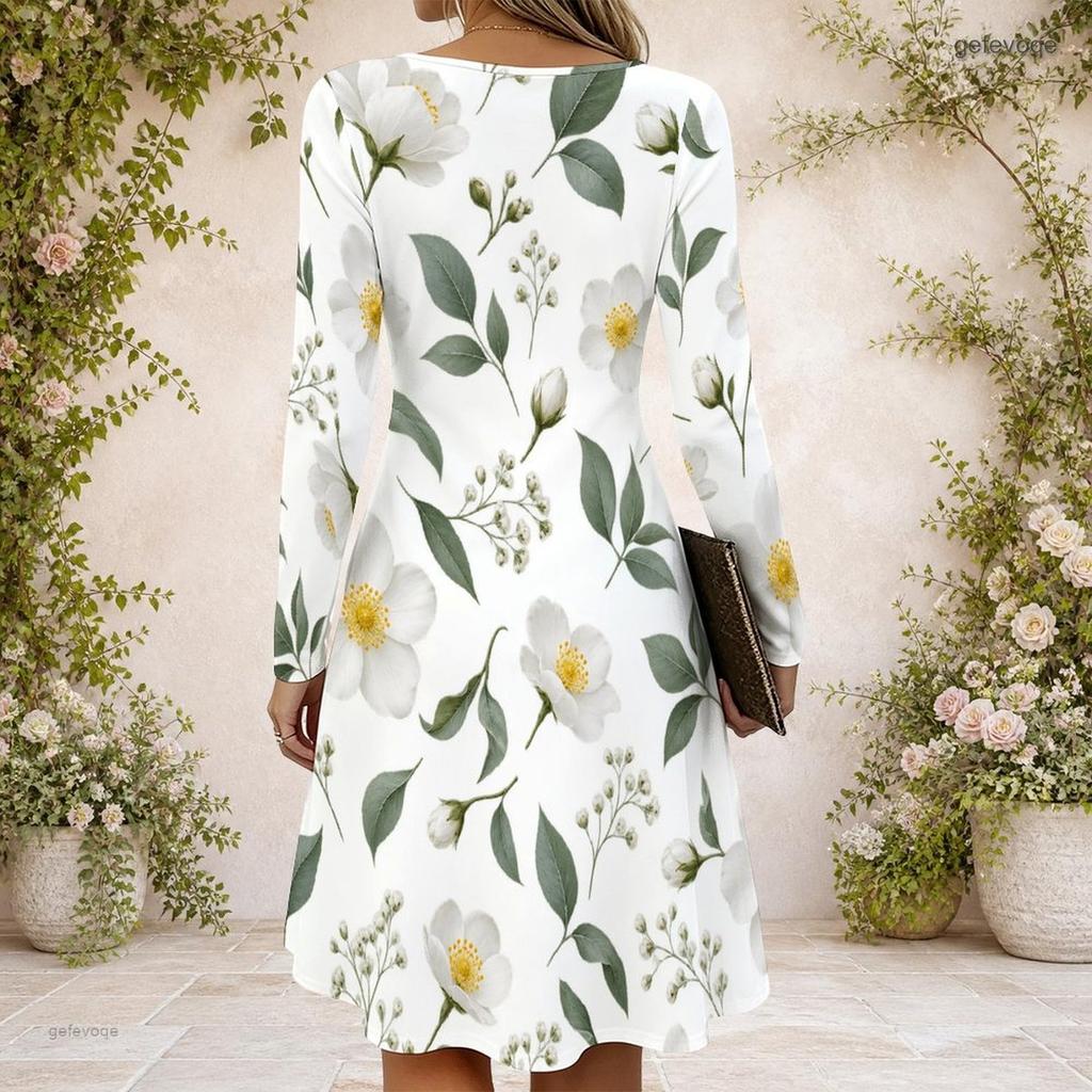 Women Criss Cross V Neck Long Sleeve Floral Printed Dress White Green Curved Hem