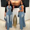 Slim Fit Elastic Washed Denim Jumpsuit