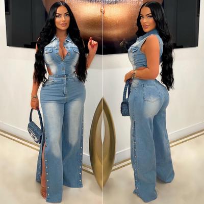 Slim Fit Elastic Washed Denim Jumpsuit