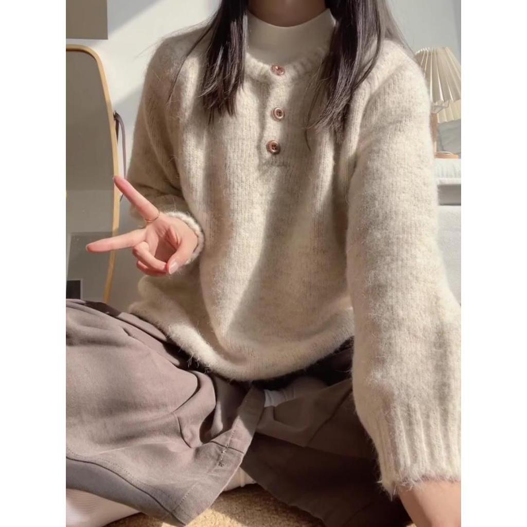 Large Version Thickened Soft Waxy Sweater Women's Semi-open Neck Button-knitted Sweater Autumn and Winter Loose Inner Long-sleeved Lazy Top