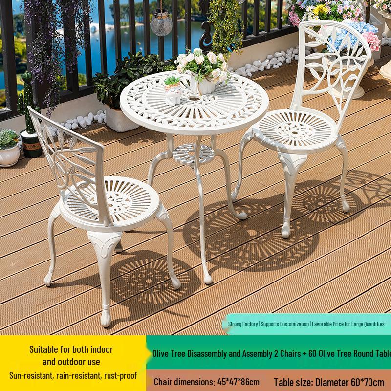 White Wrought Iron Cast Aluminum Outdoor Patio Table and Chairs Set - Waterproof Villa Courtyard Garden Balcony Furniture