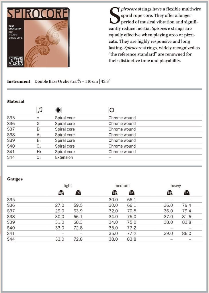 THOMASTIK SPIROCORE double bass string set size light tension 4/4 (weich)