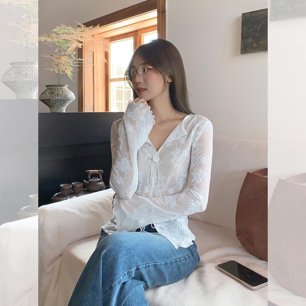 Off-white Bow Lace-up V-neck Long-sleeved T-shirt Inside Women's Autumn New Fungus Edge Bottoming Shirt Top