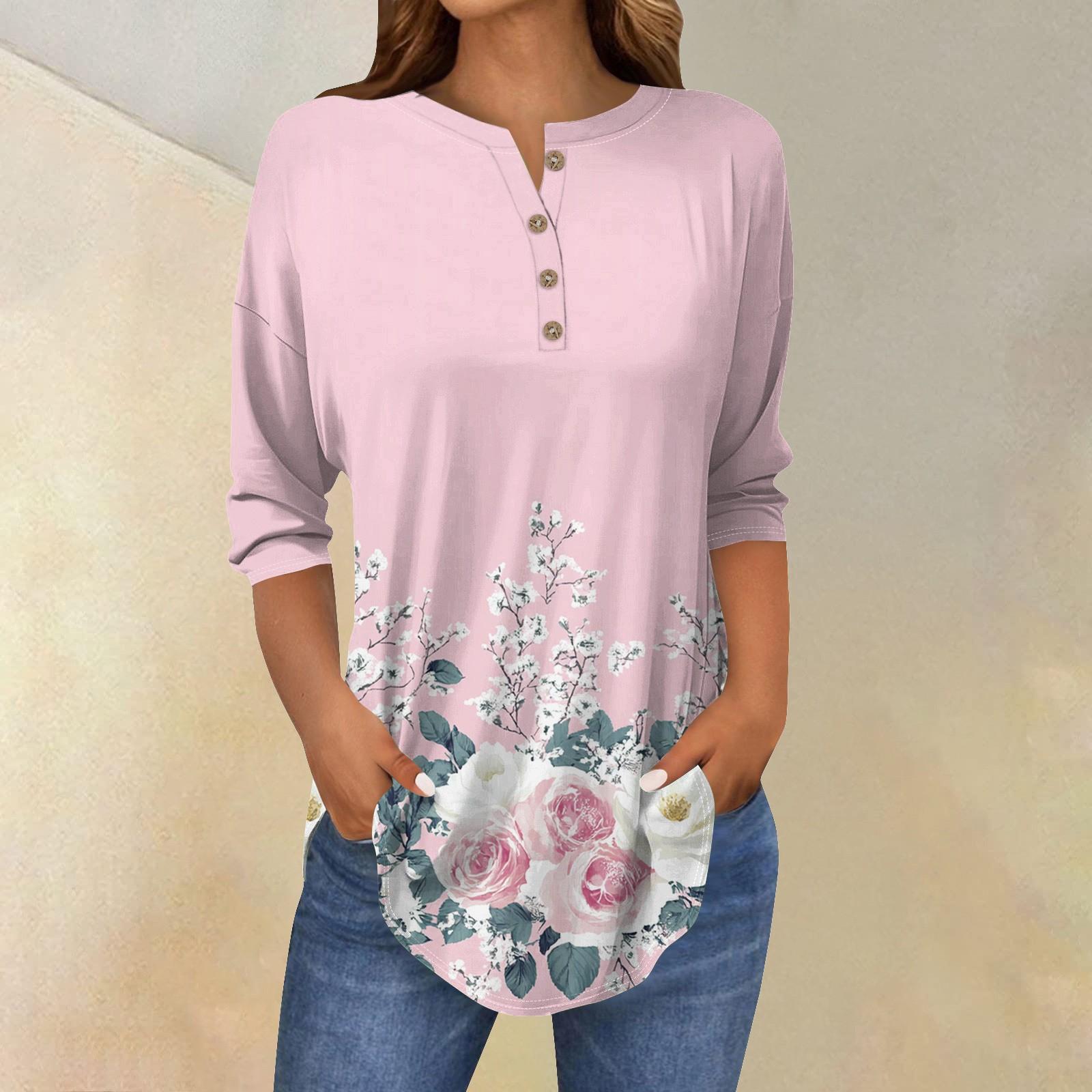 

Жіночі топи з рукавом 3/4 Літні футболки з квітковим принтом V-подібним вирізом Повсякденні базові футболки на ґудзиках Топ-туніки S рожевий