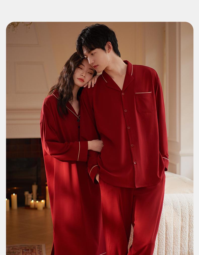 Xuan Liang Modal Cotton Couple Red Sleeping Skirt Women's Morning Robe Spring and Autumn Thin Long Sleeve Wedding Pajama Men's Set