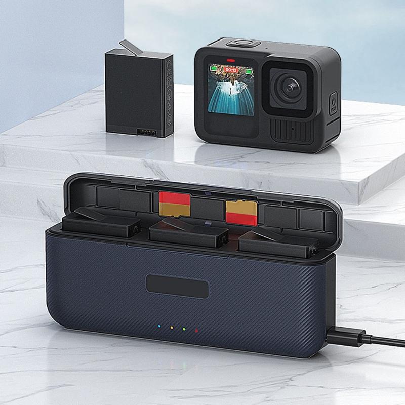 3 Channel Battery Charging Station for 13 Black Camera Power Management Quick Charge Storage Box with Card Slot