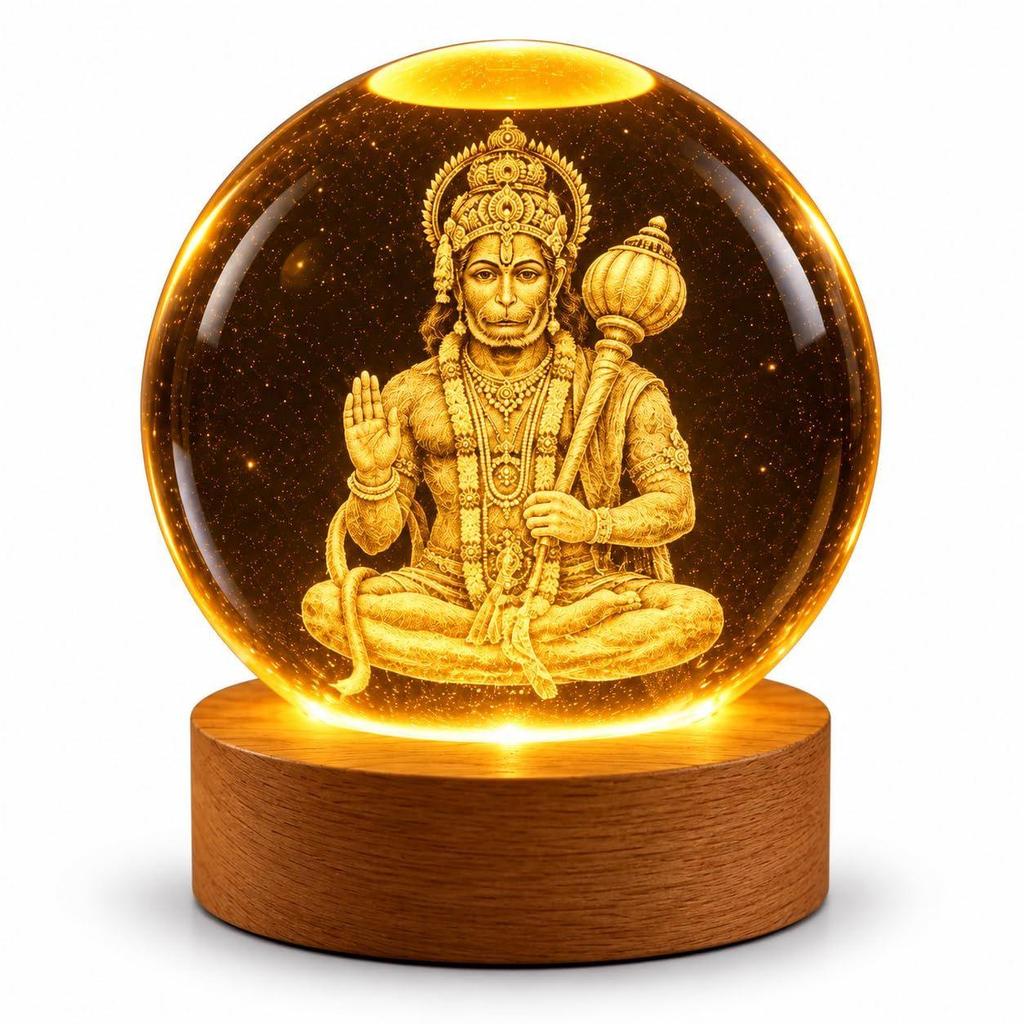 3D Hanuman Crystal Ball LED Night Lamp, Spiritual Engraved
