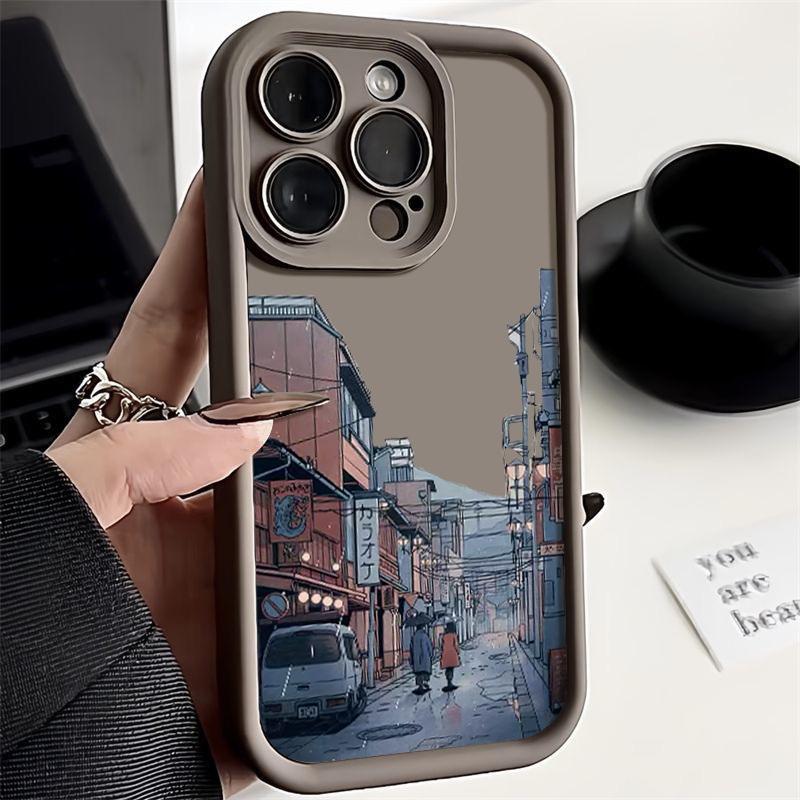 Rainy Night Streetscape Pattern Shockproof Case For iPhone 16 15 Plus 14 Pro Max 13 12 11 XS XR 8 Lens Protection TPU Soft Matte Silicone Phone Cover