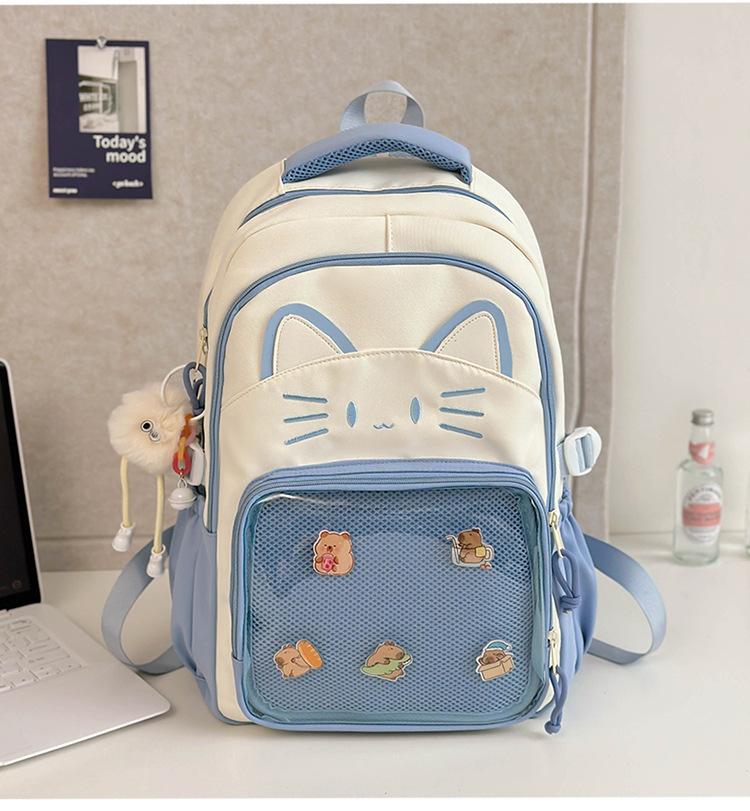 Schoolbag Japanese ins cute cat backpack pain bag transparent large-capacity schoolbag versatile casual shoulder bag