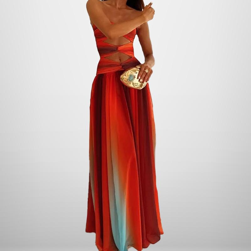 Women's clothing, European and American spring new models, holiday style sexy tube top hollow gradual change color dress