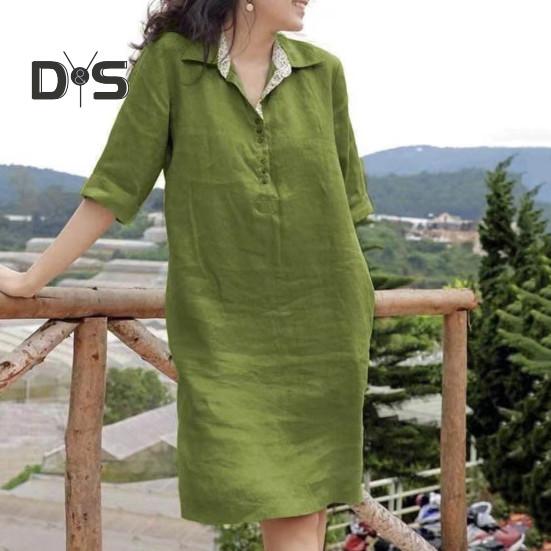 Women Dress Loose Three Quarter Sleeves Solid Color Lapel Knee Length Soft A Line Casual Spring Summer Midi Dress