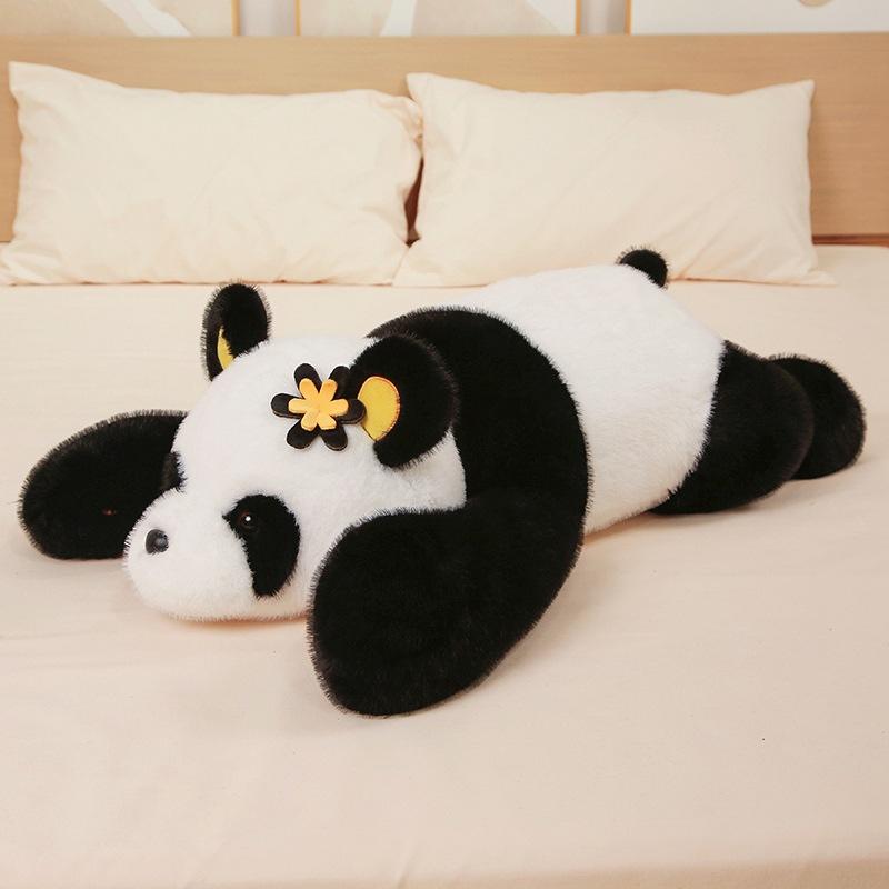 Cute Flower Giant Panda Doll Plush Toy Lying Down Black and White Panda Doll Girl Sleeping Soothing Rag Doll