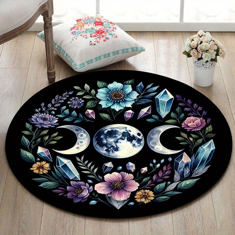Floral Celestial Round Carpet, Polyester Black Background with Vibrant Flowers Planets for Living Room Home Decor