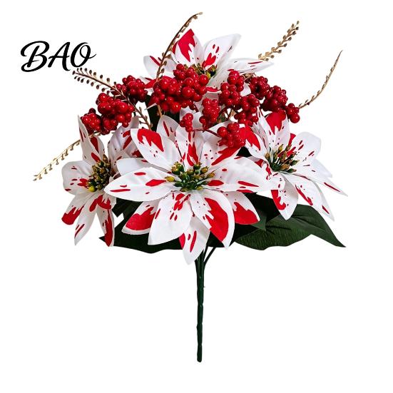 Decorative Plants for Planters Artificial Poinsettia Flowers, Christmas Fake Floral Berry Centerpiece, Fade-Resistant Dieffenbachia Red And White Home