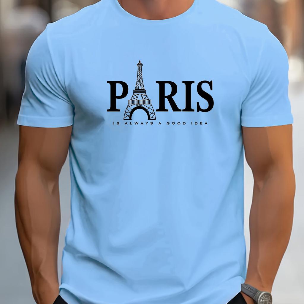 Summer Loose Size PARIS Letter Print T-shirt Casual and Comfortable Round Neck Short Sleeve T-shirt Men's Cotton Short Sleeve
