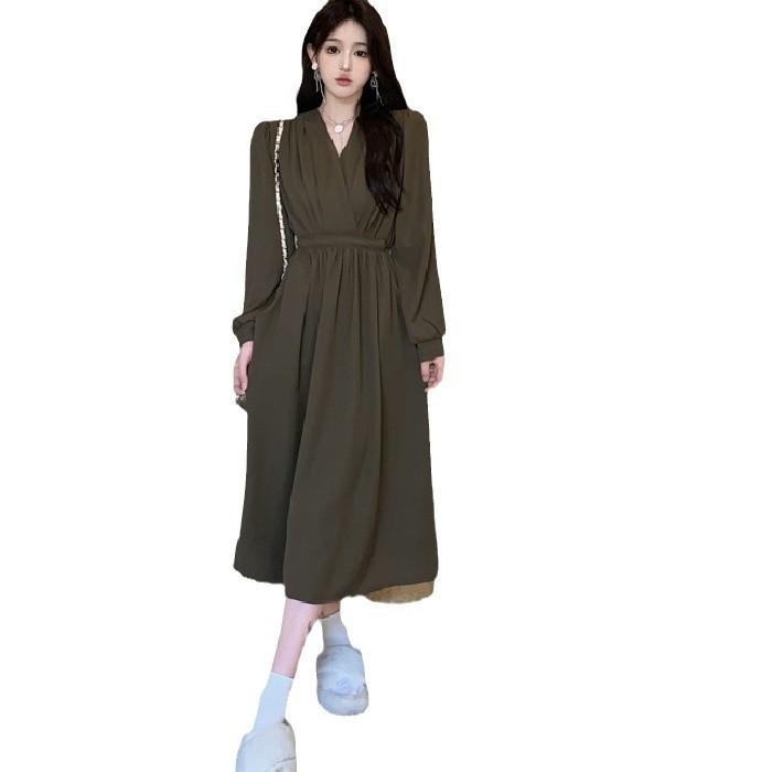 Plus Size Women's Autumn V-neck Waist-cinching Long-sleeved Slimming Dress