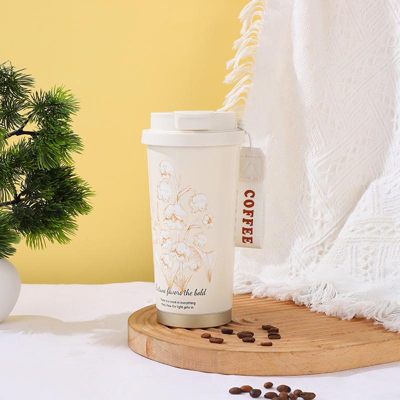 Water Bottle Pattern Stainless Steel Lily of the Valley Coffee Cup Accompanying Thermos Cup Large Capacity Double Drinking Straw Cup
