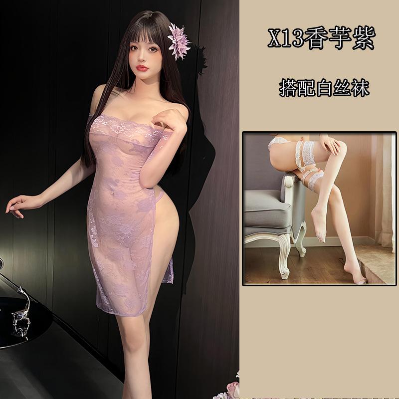 Sexy Transparent No-take Cheongsam Sex Underwear One-word Collar Lace Purple Perspective Hip-wrapped Dress Spice Girl Suit
