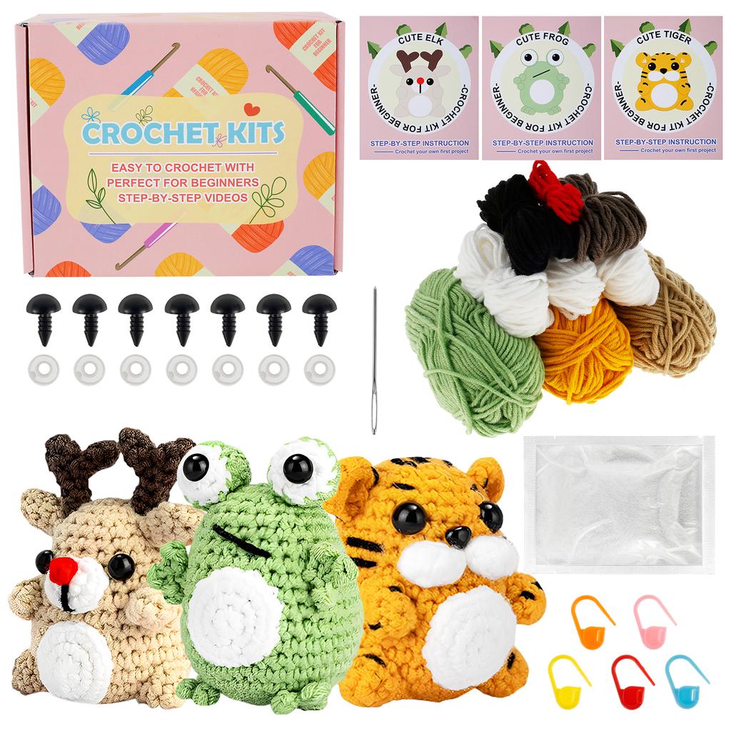 3Pcs Crochet Kit for Beginners Complete Crochet Knitting Kit Adorable Animal Crochet Starter Pack DIY Crochet Craft Kit