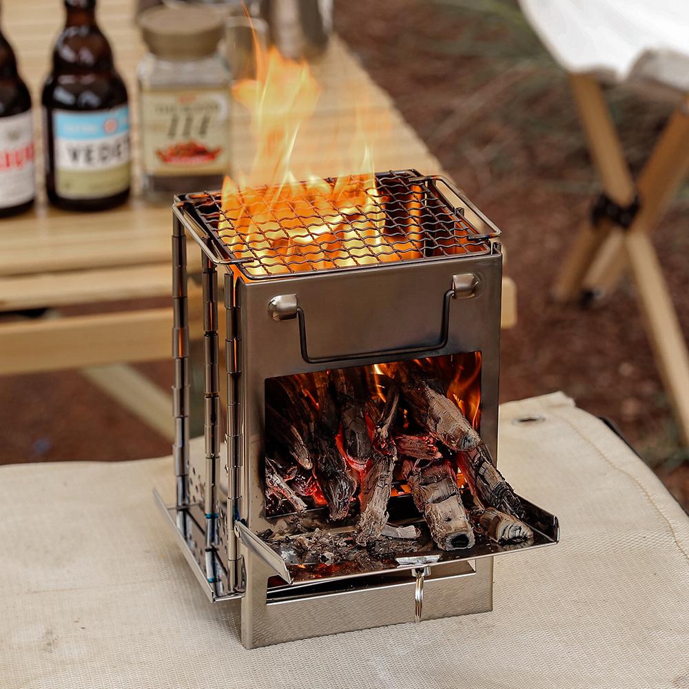 Mini Stainless Steel Outdoor Folding Wood & Charcoal BBQ Grill for Camping and Picnics