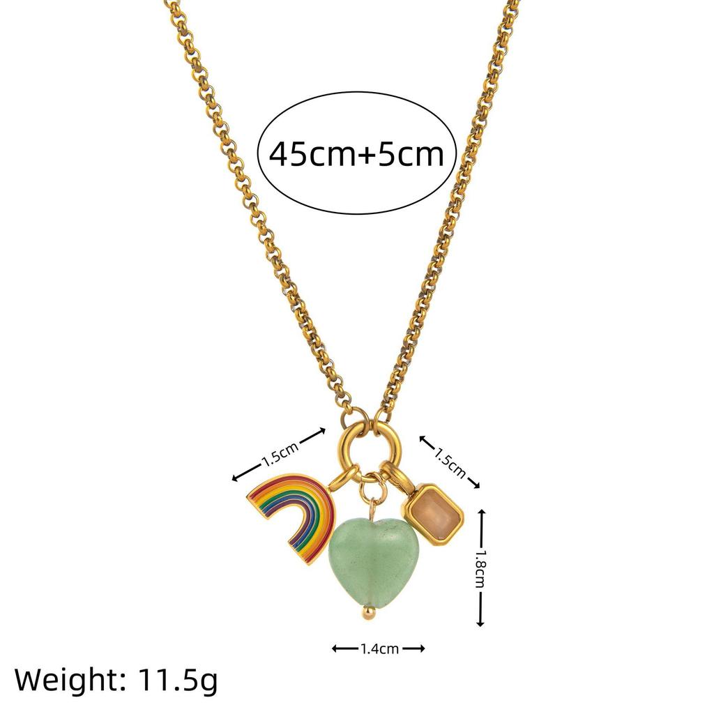 Stainless Steel Rainbow Zirconia Heart Pendant Necklace with Pink Heart and Blue Eye