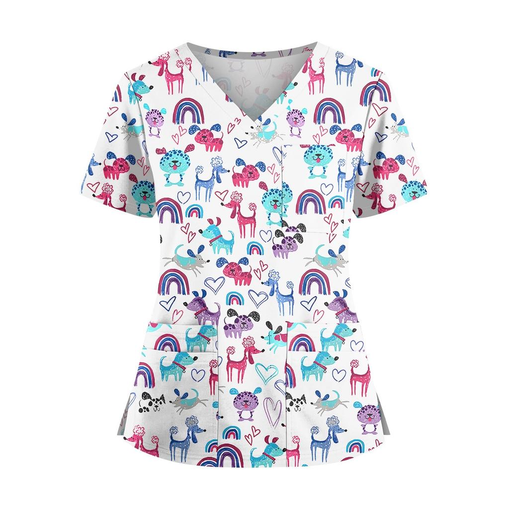 Plus SizePrinted Scrub Working Uniform Tops For Women's Cross V-Neck Halloween Print Short Sleeve Fun T-Shirts Workwear Tee With Pockets