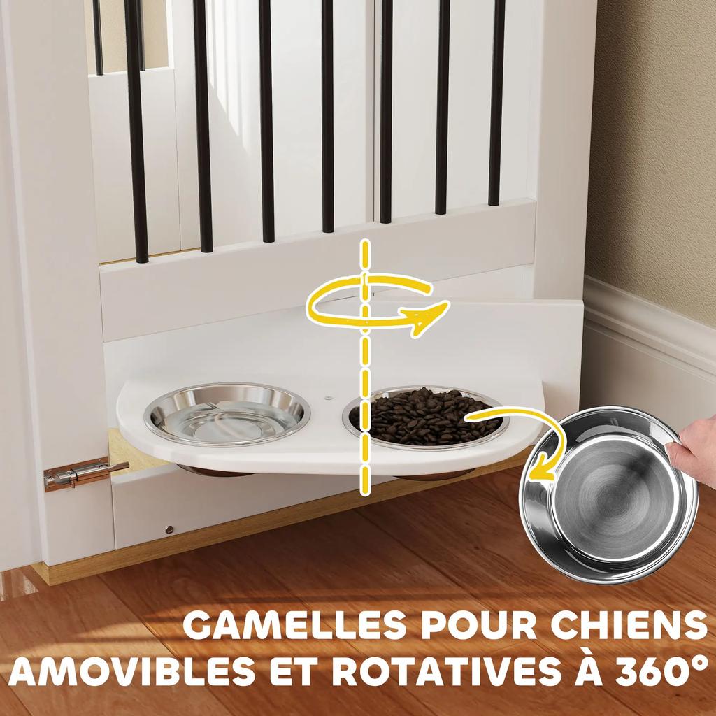 PawHut Dog Crate, Side Table, Removable 360° Rotating Bowls 2 Doors for Medium Dogs 80x55x71.5cm White