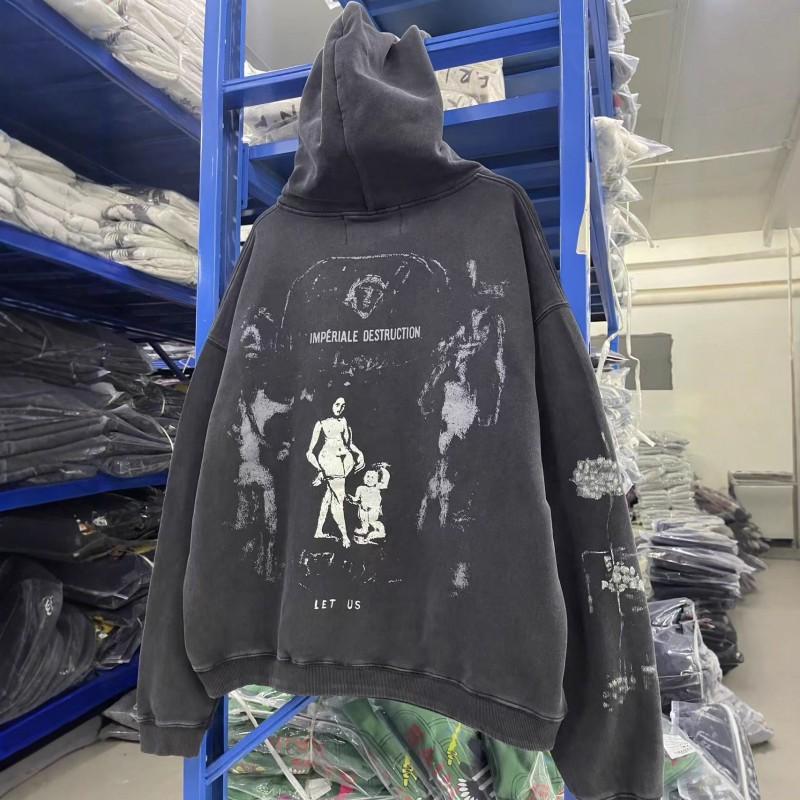Mens Oversized Hooded Sweatshirt Streetwear Graphic Print Distressed Washed Cotton Casual Pullover